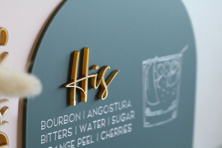 acrylic arch signature drinks bar sign | acrylic wedding sign | wedding decor | arched | signature drinks | reception | bar table |