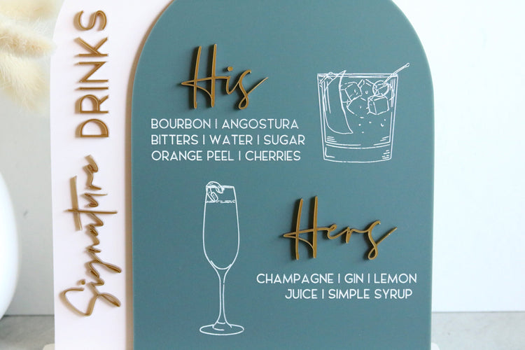 acrylic arch signature drinks bar sign | acrylic wedding sign | wedding decor | arched | signature drinks | reception | bar table |