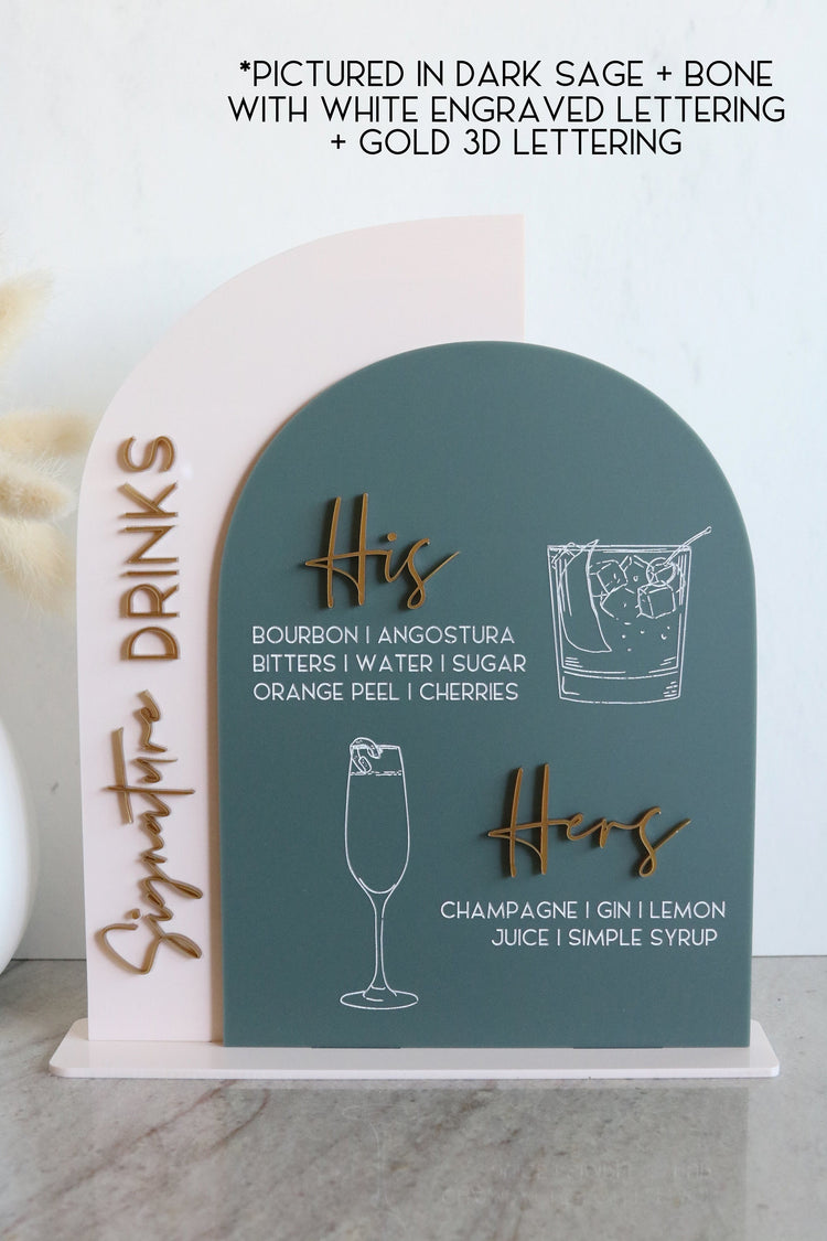 acrylic arch signature drinks bar sign | acrylic wedding sign | wedding decor | arched | signature drinks | reception | bar table |