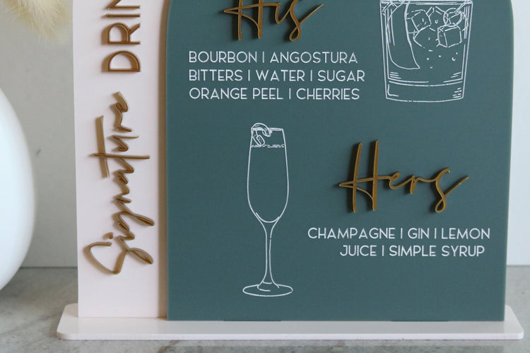 acrylic arch signature drinks bar sign | acrylic wedding sign | wedding decor | arched | signature drinks | reception | bar table |