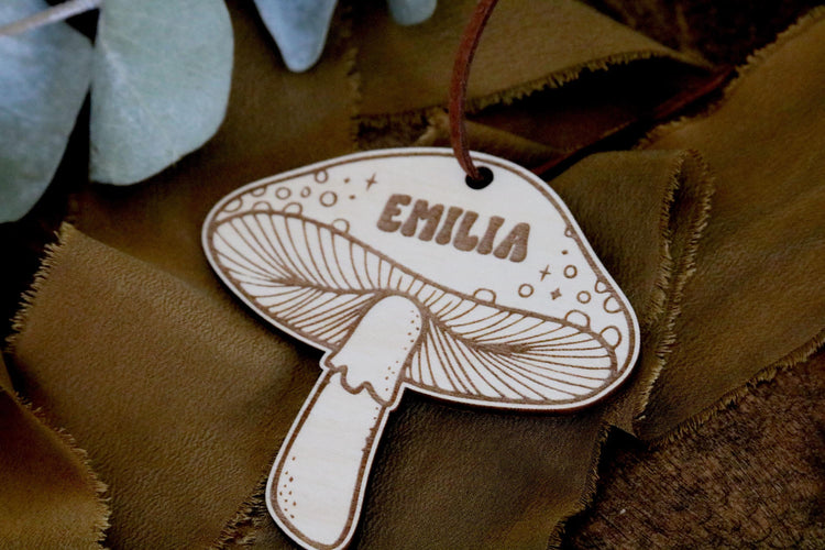 custom retro mushroom wood christmas ornament | personalized | shroom | gift tag | christmas gift | engraved | name | stocking stuffer