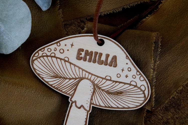 custom retro mushroom wood christmas ornament | personalized | shroom | gift tag | christmas gift | engraved | name | stocking stuffer