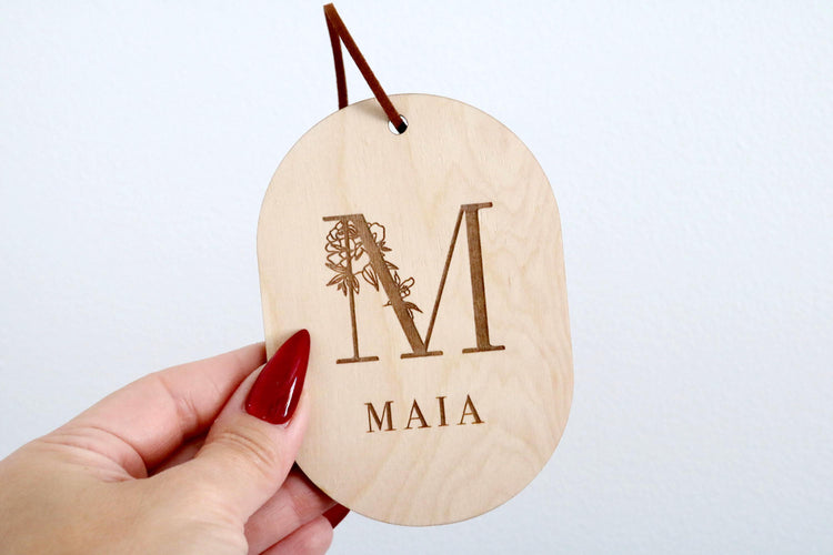 custom floral monogram wood christmas ornament | personalized | new baby ornament | gift tag | christmas gift | engraved | name tag | wood
