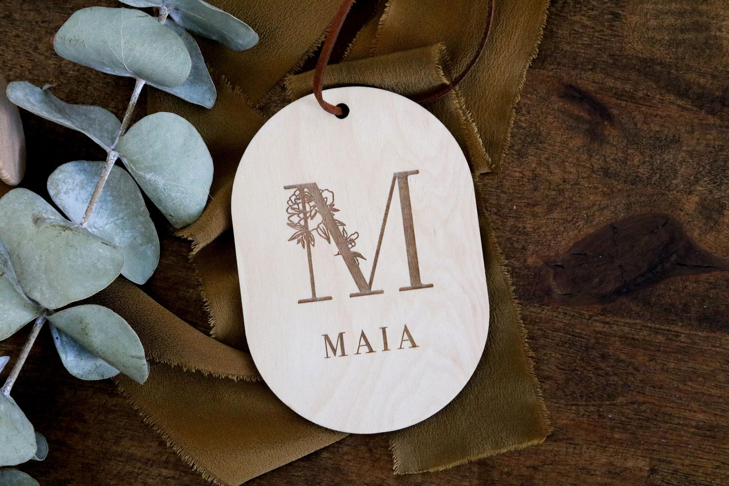 custom floral monogram wood christmas ornament | personalized | new baby ornament | gift tag | christmas gift | engraved | name tag | wood