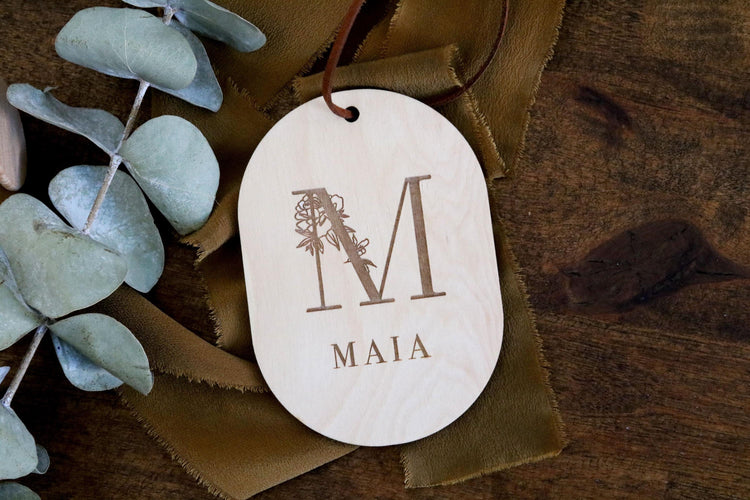 custom floral monogram wood christmas ornament | personalized | new baby ornament | gift tag | christmas gift | engraved | name tag | wood