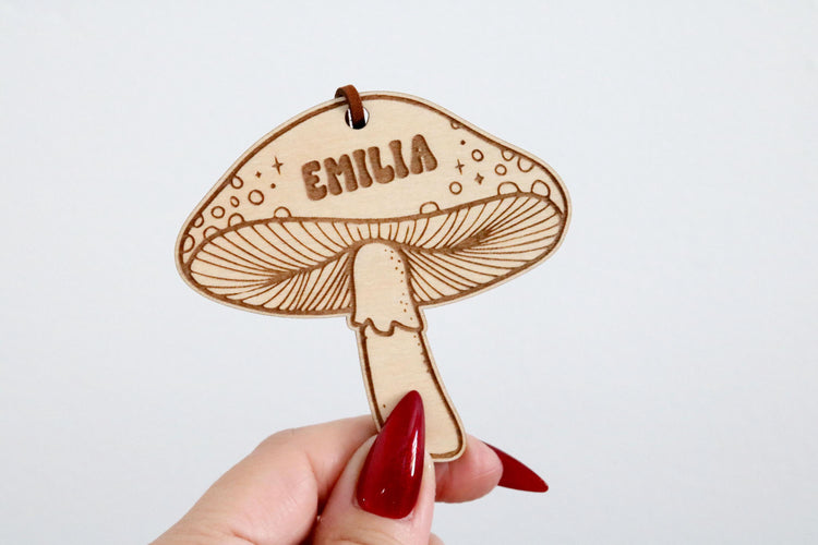 custom retro mushroom wood christmas ornament | personalized | shroom | gift tag | christmas gift | engraved | name | stocking stuffer