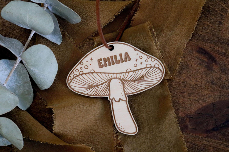 custom retro mushroom wood christmas ornament | personalized | shroom | gift tag | christmas gift | engraved | name | stocking stuffer
