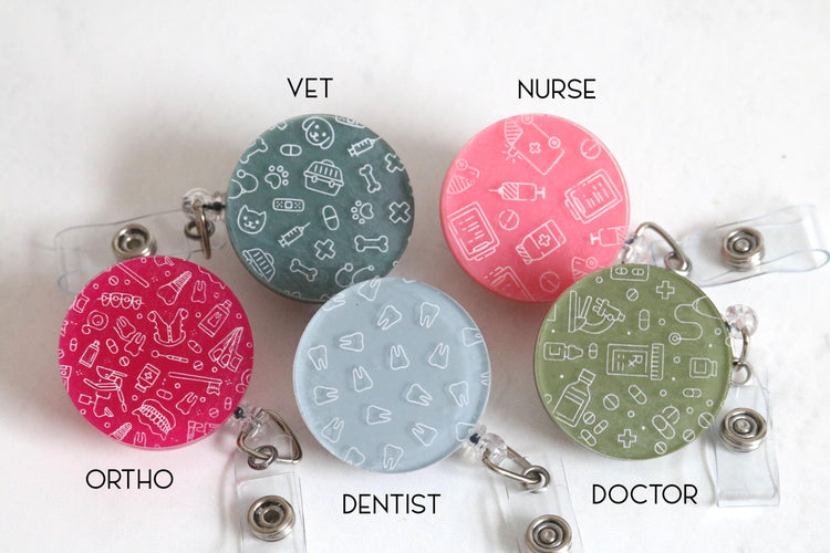 badge reel | holder | work | conference | student | lanyard | nurse | doctor | veterinarian | vet | pharmacist | dentist | orthodontist