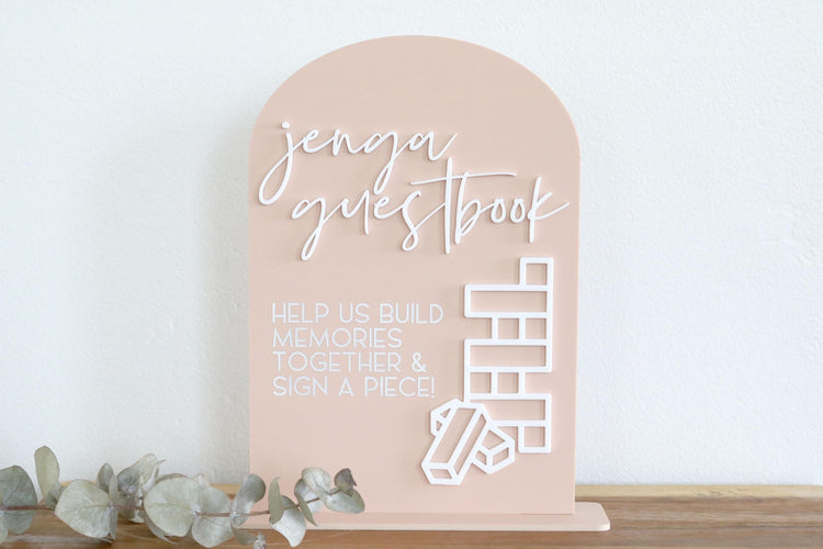 acrylic arch jenga guestbook sign | block guestbook sign | arched | acrylic wedding sign | wedding decor | reception | acrylic | guestbook
