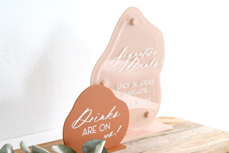 acrylic abstract drinks are on us sign | bar sign | organic | wavy | freeform | wedding sign | decor | signature drinks | reception