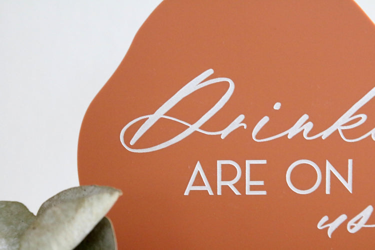 acrylic abstract drinks are on us sign | bar sign | organic | wavy | freeform | wedding sign | decor | signature drinks | reception