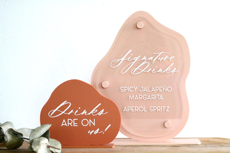 acrylic abstract drinks are on us sign | bar sign | organic | wavy | freeform | wedding sign | decor | signature drinks | reception