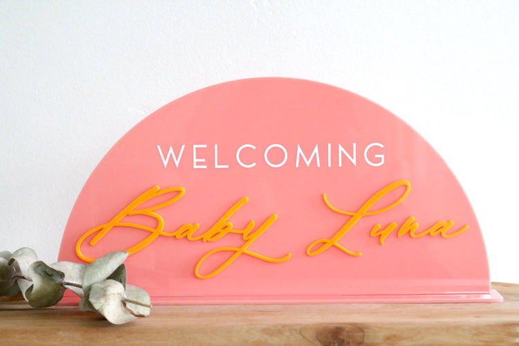 acrylic arch welcoming baby sign | baby shower | baby name | gender reveal | baby boy | baby girl | new baby | newborn | signage | party