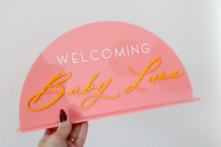 acrylic arch welcoming baby sign | baby shower | baby name | gender reveal | baby boy | baby girl | new baby | newborn | signage | party