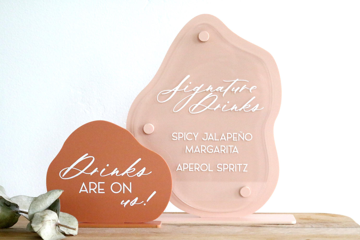 acrylic abstract drinks are on us sign | bar sign | organic | wavy | freeform | wedding sign | decor | signature drinks | reception