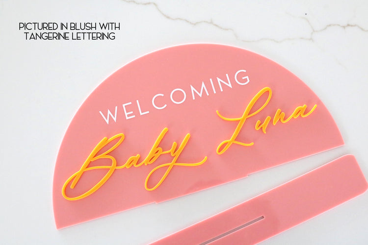 acrylic arch welcoming baby sign | baby shower | baby name | gender reveal | baby boy | baby girl | new baby | newborn | signage | party