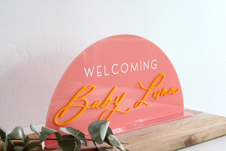 acrylic arch welcoming baby sign | baby shower | baby name | gender reveal | baby boy | baby girl | new baby | newborn | signage | party