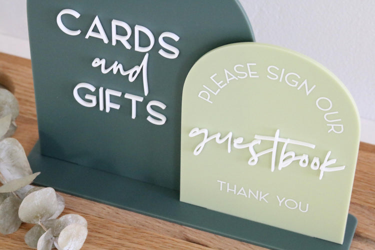 acrylic arch duo cards and gifts guestbook sign | double acrylic wedding sign | wedding decor | wedding reception | table | please sign our