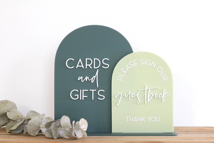acrylic arch duo cards and gifts guestbook sign | double acrylic wedding sign | wedding decor | wedding reception | table | please sign our