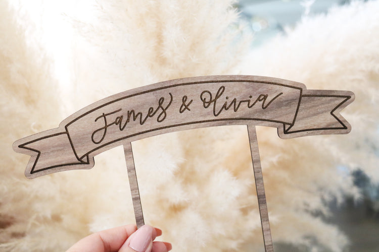 custom calligraphy wood banner cake topper | light or dark wood