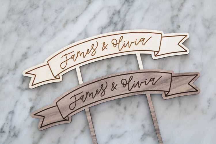 custom calligraphy wood banner cake topper | light or dark wood