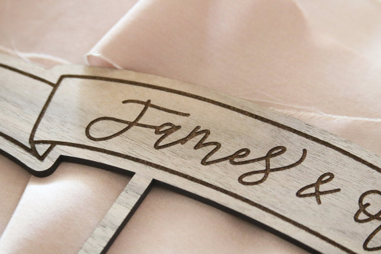 custom calligraphy wood banner cake topper | light or dark wood