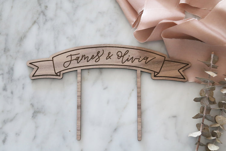 custom calligraphy wood banner cake topper | light or dark wood