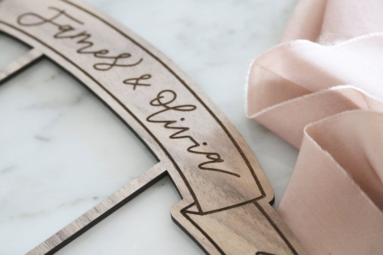 custom calligraphy wood banner cake topper | light or dark wood