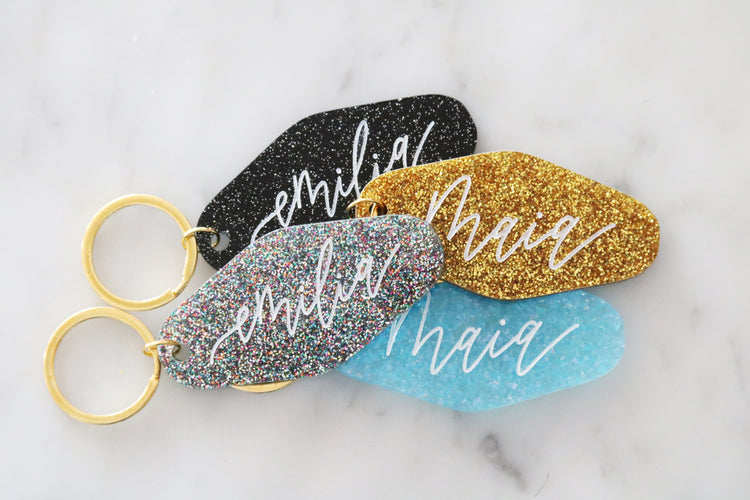custom glitter motel keychain