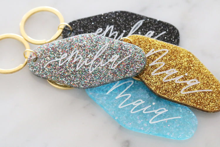 custom glitter motel keychain