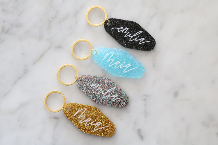 custom glitter motel keychain