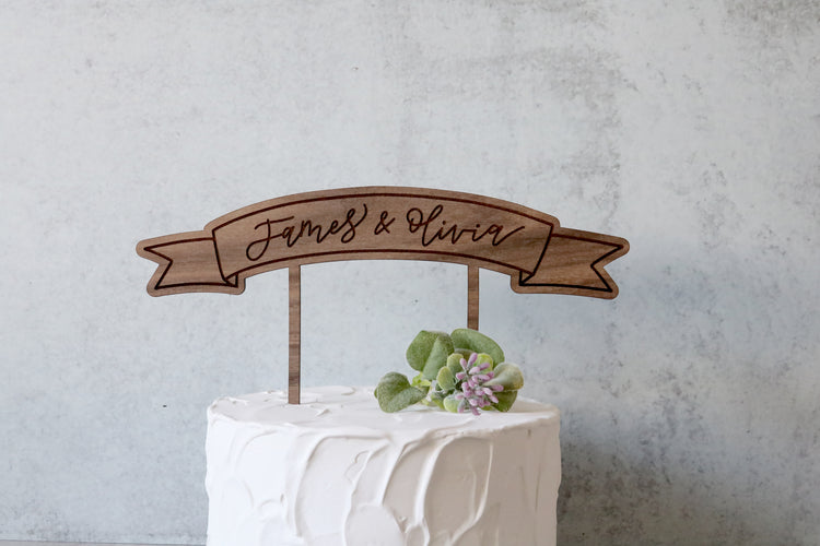 custom calligraphy wood banner cake topper | light or dark wood