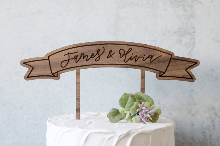 custom calligraphy wood banner cake topper | light or dark wood