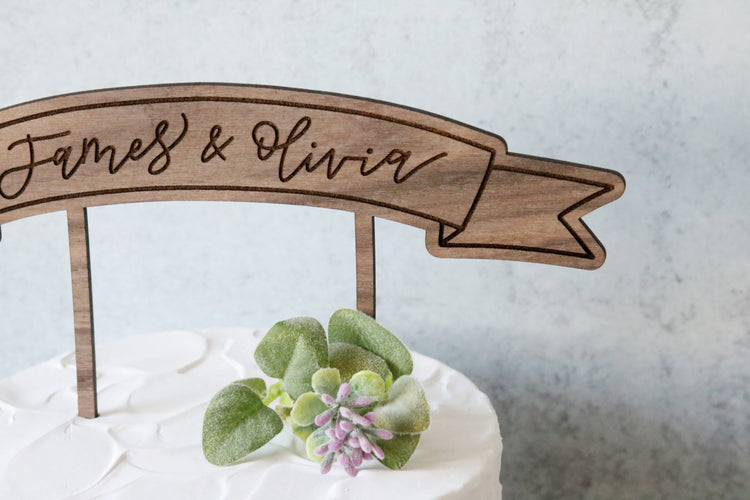 custom calligraphy wood banner cake topper | light or dark wood