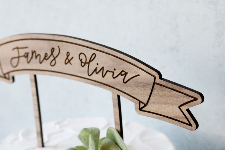 custom calligraphy wood banner cake topper | light or dark wood