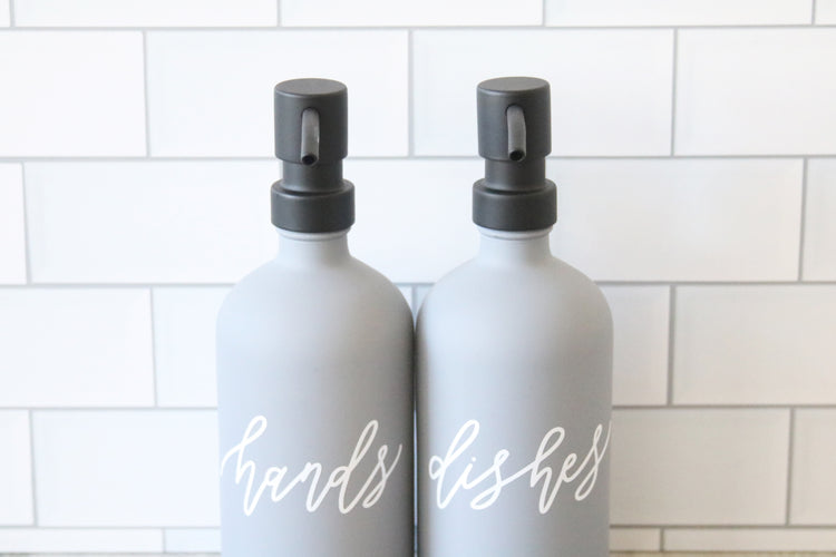 HANDS + DISHES | calligraphy grey glass soap dispenser set
