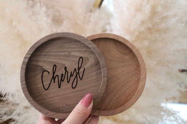 custom calligraphy round wood jewelry trinket dish