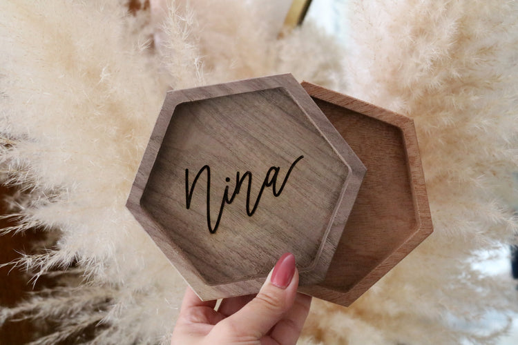 custom calligraphy hexagon wood jewelry trinket dish