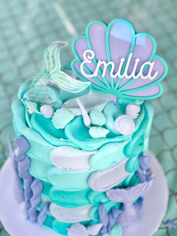 custom mermaid clam shell acrylic cake topper
