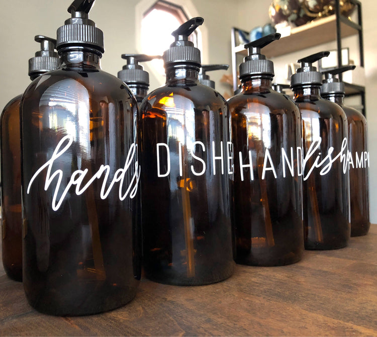 HANDS + DISHES | calligraphy amber soap dispenser set