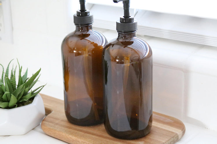 SOAP + LOTION | calligraphy amber soap dispenser set