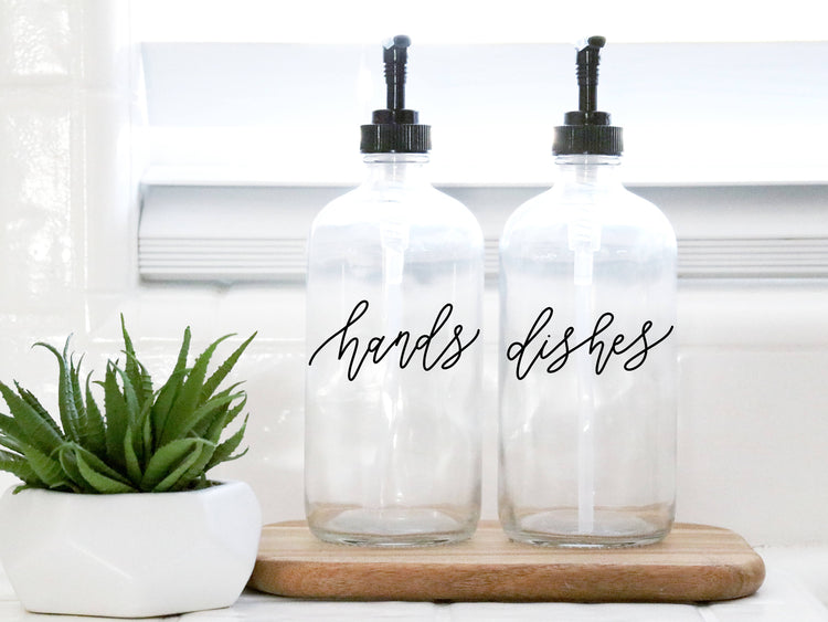 HANDS + DISHES | calligraphy clear soap dispenser set