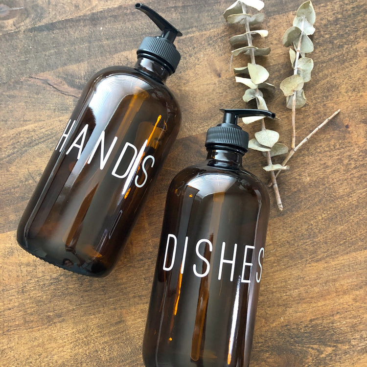 single custom calligraphy amber soap dispenser 16oz