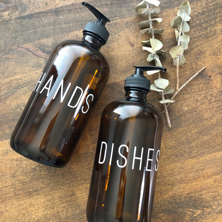 SOAP + LOTION | calligraphy amber soap dispenser set