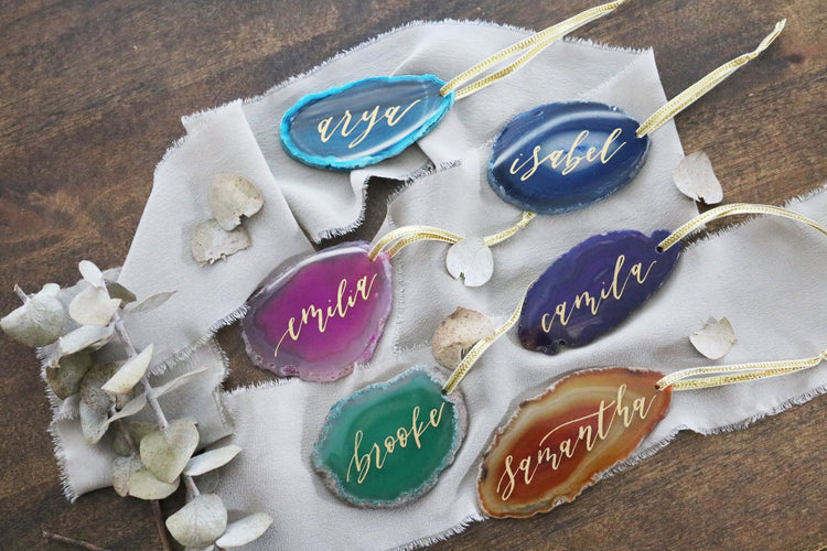 custom christmas calligraphy ornament agate slice | LARGE