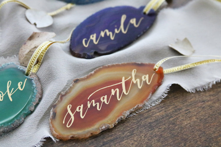 custom christmas calligraphy ornament agate slice | LARGE