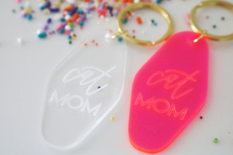 cat mom motel keychain | clear or fluorescent pink
