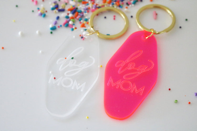 dog mom motel keychain | clear or fluorescent pink
