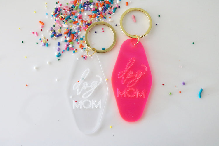 dog mom motel keychain | clear or fluorescent pink
