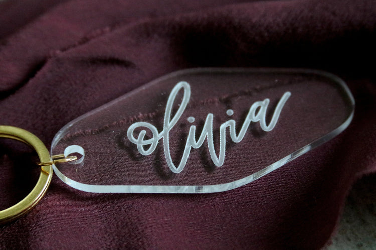 custom calligraphy name motel keychain | clear or fluorescent pink